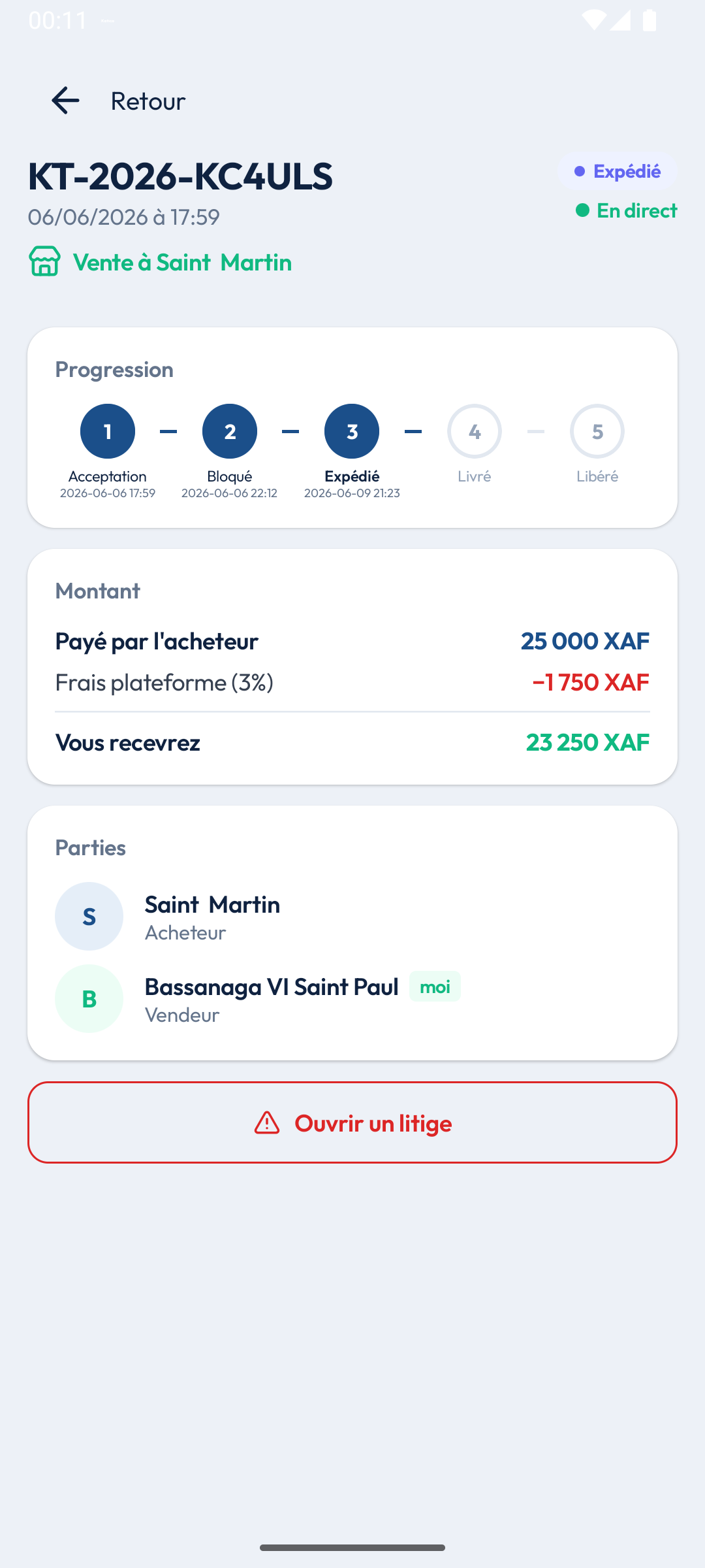 Détail transaction Katica — séquestre en cours